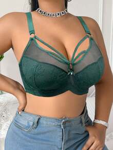 SHEIN Esselle 1pc Plus Size Lace Patchwork Underwire Bra - Green - View 5