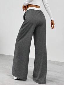 SHEIN Tall 女款撞色腰阔腿裤 - 深灰色 - 查看 2