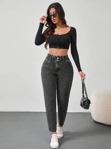 SHEIN Tall 女士牛仔裤休闲修身锥形裤宽腰蓝色牛仔裤高腰女式牛仔裤女裤冬季女式裤子牛仔服 - 黑色 - 查看 2