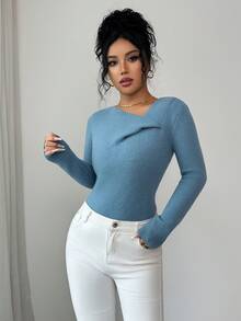 SHEIN Elenzya Elegant Hazy Blue Asymmetric Collar Long Sleeve Knit Sweater, Fashionable Everyday Versatile Women Pullover, Autumn/Winter