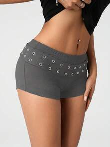 SHEIN ICON 性感街头时尚超低腰破洞休闲黑色短裤 - 灰色 - 查看 4