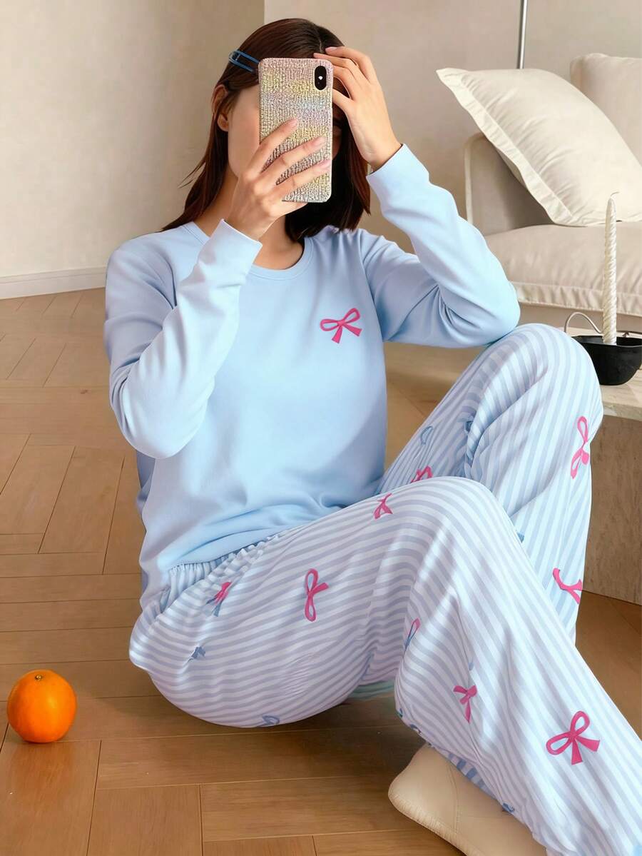 2 pezzi/set Ragazze adolescenti Elegante top a maniche lunghe con collo rotondo e fiocco blu, pantaloni casual comodi a righe blu e rosa con fiocco - Blu - Visualizzare 1