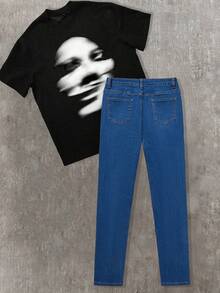 SHEIN Bolty Teen Boy Blue Distressed Fashionable Casual Denim Jeans - Dark Wash - View 2