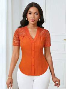 Lunelith SHEIN Lunessa Women's Commuting Minimalist V-Neck Contrast Lace Short Sleeve Single-Breasted Shirt - Burnt Orange - View 4