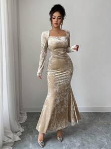 Elenzga 秋冬女式高领天鹅绒金色弹力针织紧身连衣裙，优雅褶饰腰部美人鱼下摆中长连衣裙，适合通勤和约会 - 金色 - 查看 4
