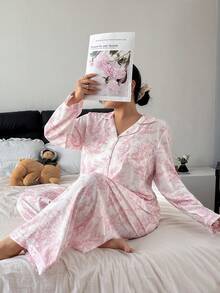 SHEIN Bubble Print Shirt Style Top & Pants Sleepwear Set, Plus Size Pink Pajamas Soft Pajamas Floral Pj Set Lounge Wear Set, Cozy Outfit, Fall Winter Clothes - Pink - View 2