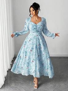 Elenzga 大码女式优雅方领碎花腰部修身喇叭形长袖连衣裙 - 淺藍色 - 查看 5