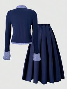 SHEIN Sparklyn Teenage Girls' Patchwork 2 In 1 Dress Suit, Striped Shirt Patchwork Jacket With Pleated Navy Skirt, Elastic Waist, Suitable For Autumn/Winter Outings, Walking, Shopping, Commuting - Navy Blue - View 3
