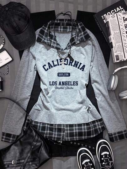 SHEIN EZwear Women's Casual Plaid Patchwork Letter Print T-Shirt, Autumn Streetwear