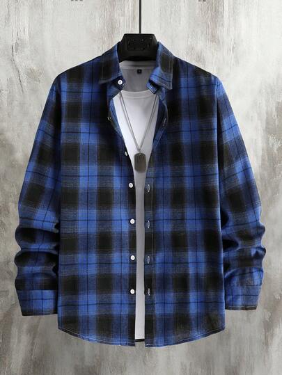 Manfinity Homme Men's Casual Plaid Print Button-Down Long Sleeve Shirt Blue And Black Shirt Mens Shirt Grunge Blue Black And White Shirts Men Blue Flannel Men Plaid Shirt Old Money,Daily Leisure, Weekend Trips, Outdoor Activities, Travel Expeditions, Relaxed Work Environments Or Semi-Formal Occasions,Boyfriend/Husband Gift, Anniversary Gift,Christmas Outfits