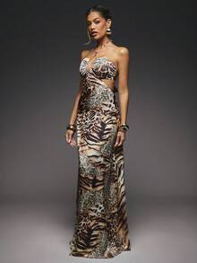 Hauture Sexy Mob Wife Party Front Cut Out Cross Over Halter Open Back Maxi Dress - Multicolor - View 4