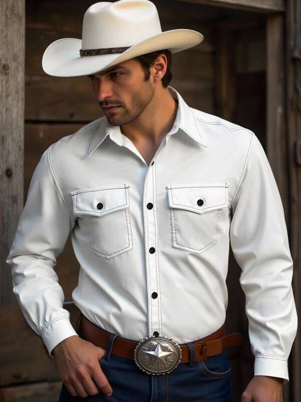 Manfinity Nomadique Camisa de manga larga cómoda para hombre con rayas en diagonal, bolsillos dobles con solapa, costuras de contraste, paneles con efecto de mezclilla, versátil para ocasiones casuales como vacaciones, citas, equitación, fogatas. El mejor regalo para novio o esposo, para el otoño.