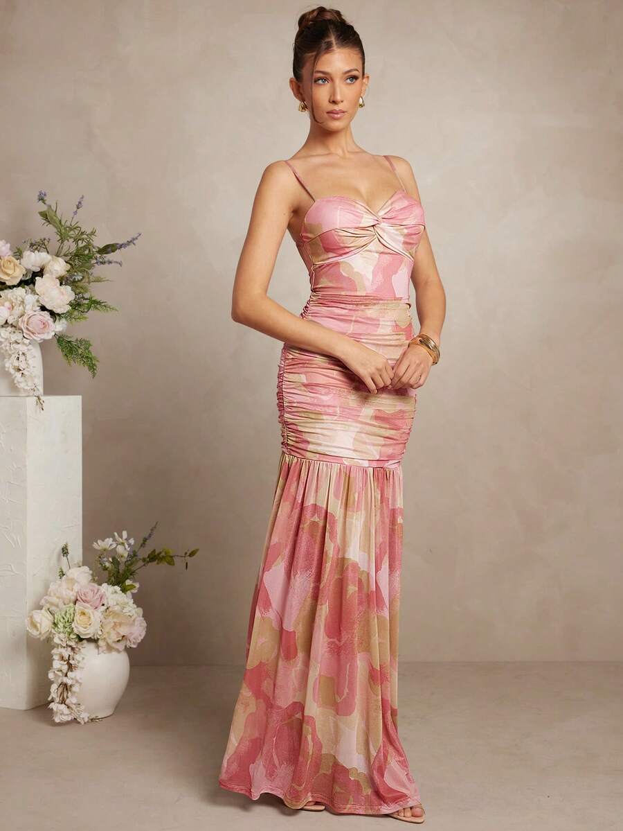L'Amorae 优雅粉彩印花无袖网眼扭纹前褶鱼尾度假长裙 - 粉色 - 查看 1