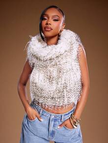 Denimoi Faux Fur High Turtle Neck Backless Halter Top - Multicolor - View 3