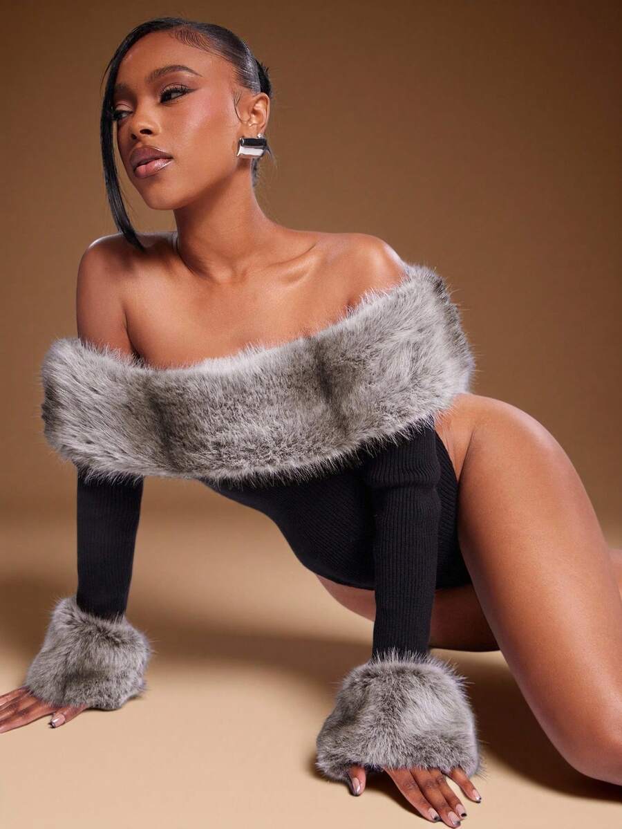 Denimoi Lässiger, langärmliger, taillierter Pullover-Bodysuit mit Pelzbesatz für Damen