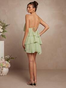 L'Amorae Váy mini 3 tầng bèo nhún màu xanh xám có dây đeo mảnh bằng vải voan dệt trơn cho kỳ nghỉ hè - màu xanh lá - Xem 3