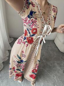 Elenzga 女式夏季优雅梭织印花束腰荷叶边连衣裙 - 彩色 - 查看 5