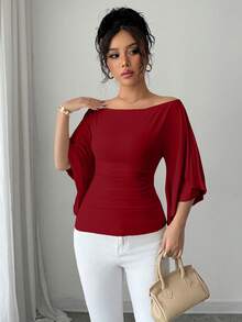 Elenzga Áo len dệt kim cổ thuyền tay loe ôm sát màu trơn dành cho nữ - Màu Đỏ Sâu - Xem 5