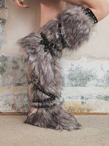 Sugerpunk 2025 New Mid-Calf Women Snow Boots, Cross Rivet Furry Boots, Slim & Warm For Christmas - Grey - View 11