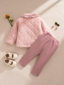 Souflis Souflis 2 Stücke Set: Lässige Jacke mit Fleecekragen und klassische normale Hose, geeignet für Schule, Ausflüge und zum Spielen, Mädchen-Kleinkind-Outfit, Baby-Winter-Sets für Mädchen, warme Baby-Mädchen-Kleidung, Kleinkind-Winterkleidung, 2 Stücke Baby-Set für Herbst und Winter