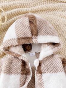 女童可爱时尚舒适的秋冬连帽长袖外套，儿童舒适百搭的毛绒冬季单排扣连帽开衫外套 - 卡其色 - 查看 3