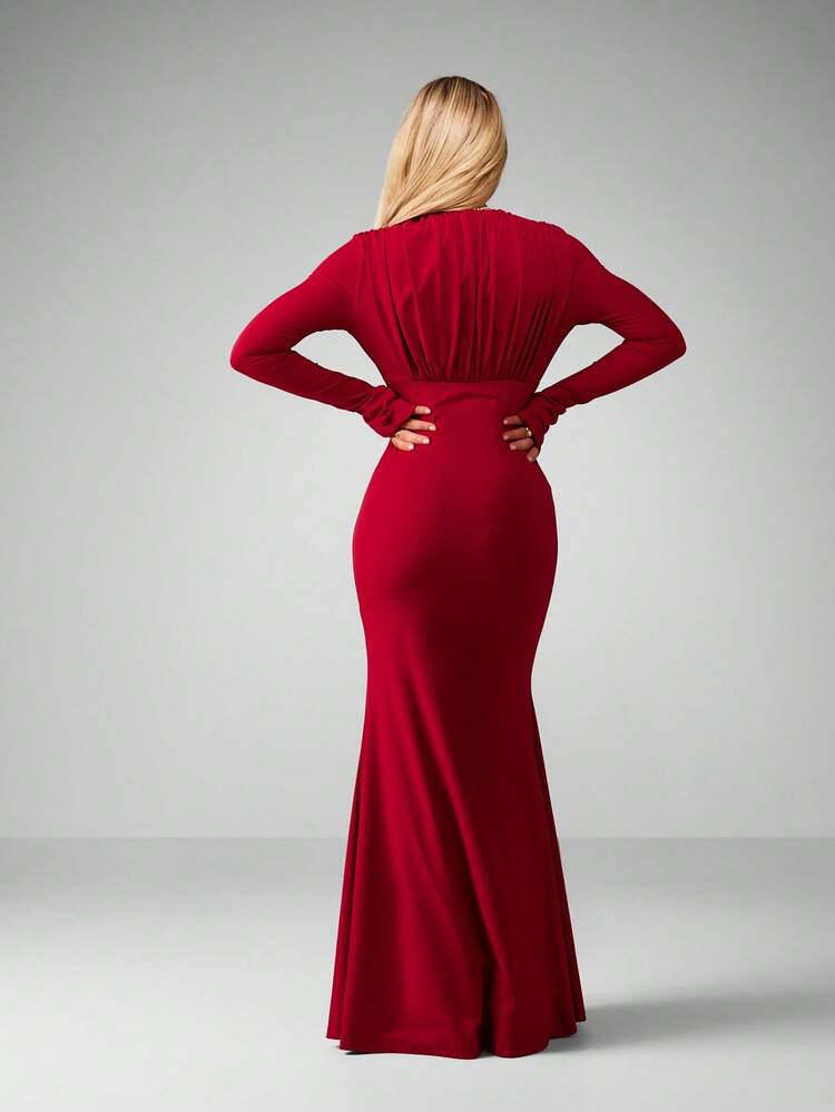 MISSGUIDED 딥 레드 긴소매 플런지 넥 러치드 바디콘 맥시 드레스 벨 슬리브 이브닝 정장 가운 크리스마스