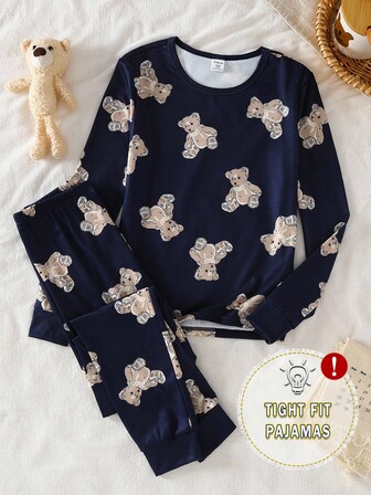 2pcs/Set Boys' Casual Bear Print Snug Fit Long Pants And Long Sleeve Pajama Set