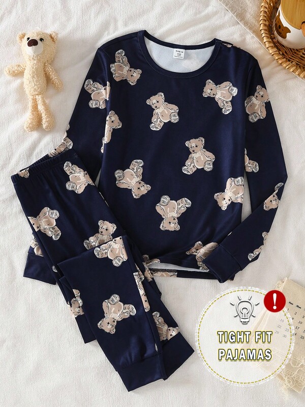 2pcs/Set Boys' Casual Bear Print Snug Fit Long Pants And Long Sleeve Pajama Set