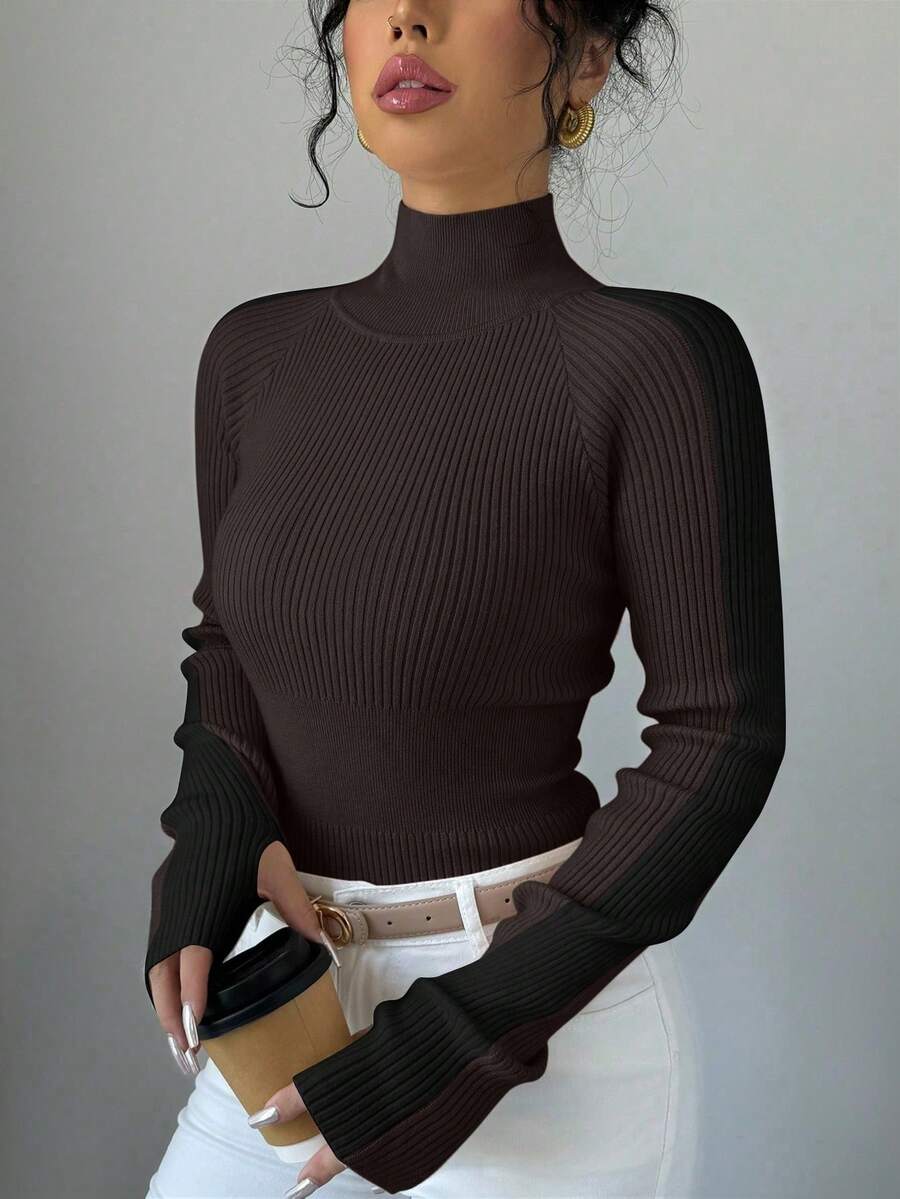 EMERY ROSE 女式纯色立领修身插肩袖简约罗纹针织打底上衣 - 咖啡棕 - 查看 1