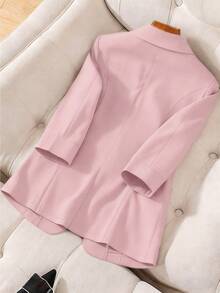 SHEIN Clasi Áo khoác blazer cổ ve màu trơn thường ngày cỡ lớn cho nữ có túi vá - Hồng - Xem 2