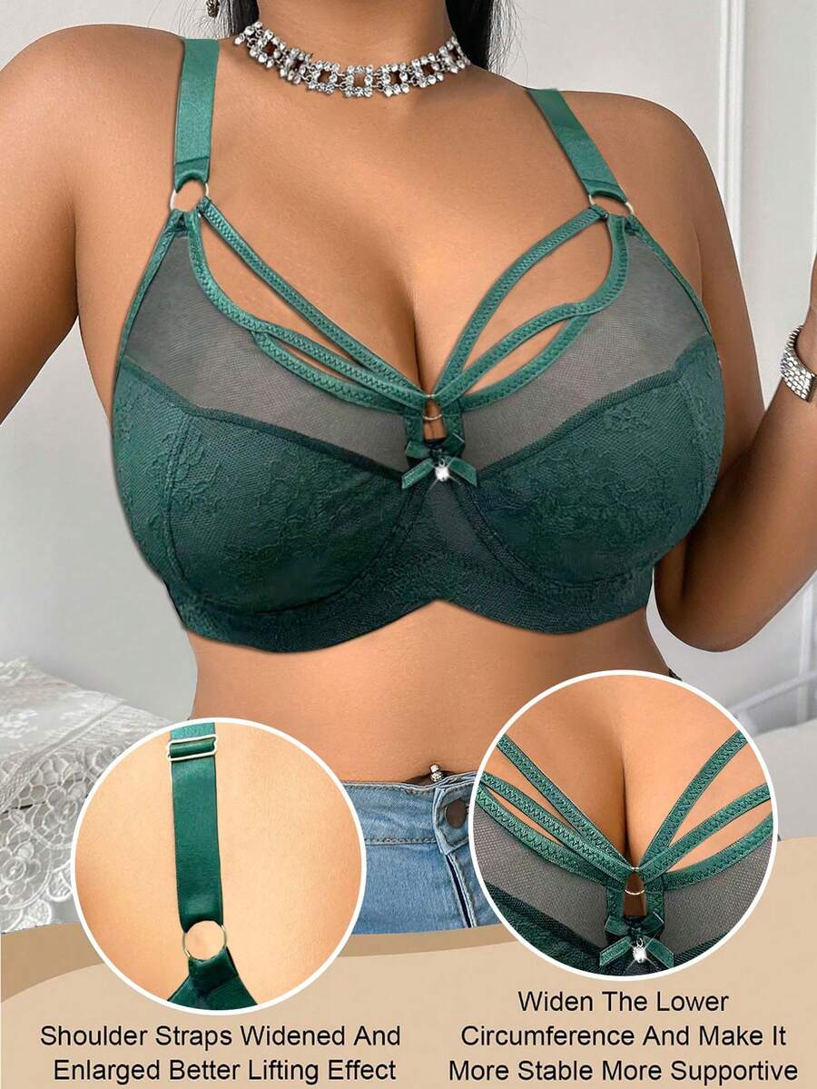 SHEIN Esselle 1pc Plus Size Lace Patchwork Underwire Bra - Green - View 1