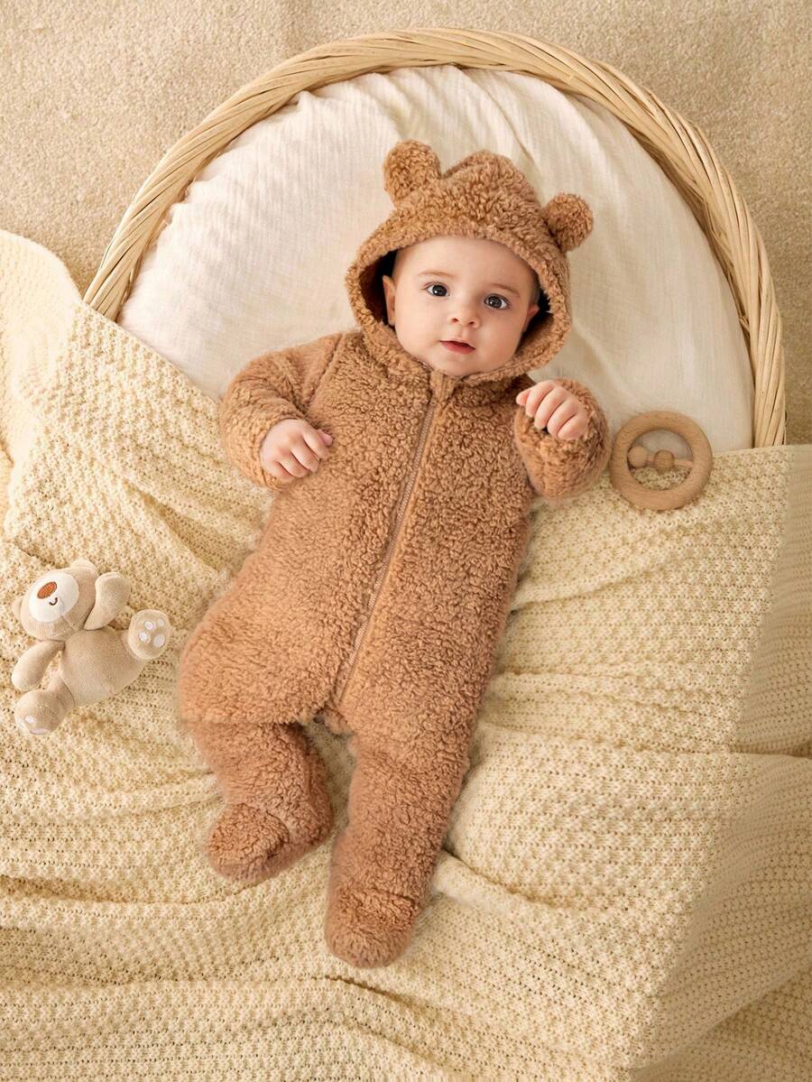 SHEIN Bộ đồ liền thân lót nhiệt thiết kế hình gấu dễ thương cho bé trai/bé gái sơ sinh, phù hợp cho mùa thu/đông cho bé Bộ đồ liền thân gấu bông cho bé Bộ đồ liền thân gấu Bộ đồ khỉ cho bé sơ sinh Bộ đồ liền thân lông cừu Giáng sinh - màu nâu - Xem 1