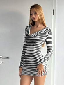SHEIN DivaQ Women's Fashion Commuter Striped Draped Neck Bodycon Mini Dress - Black and White - View 5