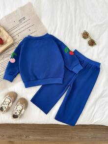 SHEIN 2pcs/Set Baby Girl Navy Blue Sweatshirt Set With 3D Cherry Decor,Wide Leg Pants,Blue And Orange,Autumn,Cute Modest,Back-To-School Long Sleeve Outfits - Blue - View 2