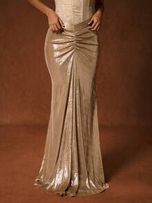 SHEIN Glamour 褶饰鱼尾裙，适合夜店、约会、派对、公主聚会、郊游 - 香檳色 - 查看 5