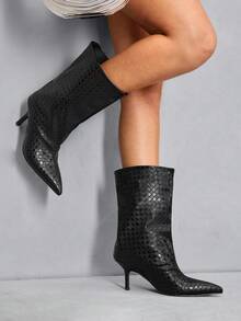 CUCCOO SZL 女士时尚黑色格子尖头一脚蹬优雅细高跟系带中筒靴，性感派对装 - 黑色 - 查看 9