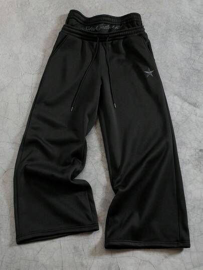 Manfinity EMRG Plus Size Men's Embroidered Letter & Star Pattern 2 In 1 Drawstring Waist Loose Wide Leg Sweatpants Flare Sweat Pants Men Flared Sweats Sweatpants Black Pro Club Sweat Pants Techwear Pants Black Sweatpants