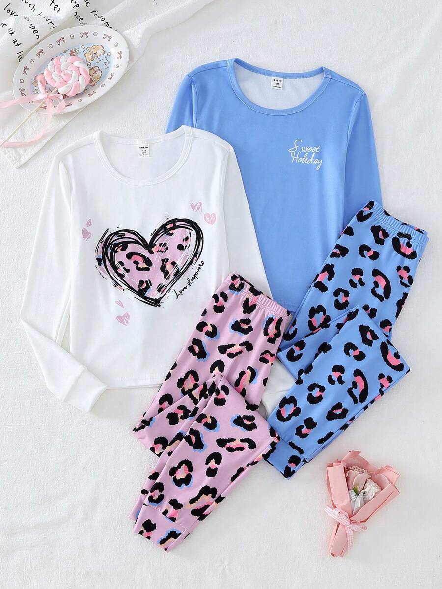 Bộ đồ ngủ 4 món tay dài họa tiết trái tim và da báo cho bé gái kèm quần legging bó sát - Nhiều màu - Xem 1