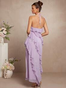 L'Amorae Elegant Lavander Chiffon Halter Ruffle Detail Flowy Maxi Dress With Side Slit - Mauve Purple - View 2