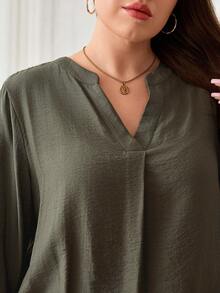 Miaspire Plus Size Women's Spring & Autumn Solid Color Notched Neck Roll Up Sleeve Casual Loose Blouse,Summer - Army Green - View 5