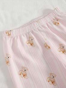 Baby Girls' 3D Bear Applique Ribbed Top And Bear Print Ribbed Pants Pajama Set White & Pink Color For Girl