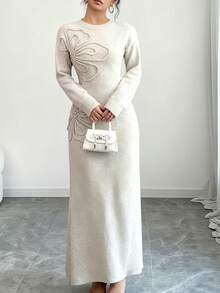 Gloray Women's Solid Color Round Neck Long Sleeve Drop Shoulder Fashionable Knit Sweater Dress