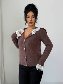 Elenzga Cárdigan de punto de manga larga, elegante y cómodo para mujer, con cuello vuelto, parche de encaje y ajuste regular, para otoño/invierno - Café integral - Ver 4