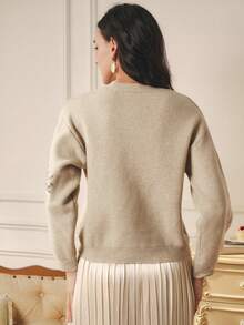 Omancia 女士时尚休闲圆领花卉和叶子提花亮片串珠套头衫，圣诞节、新年、感恩节礼物 - 卡其色 - 查看 2