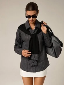 女士时尚休闲通勤风格二合一条纹纽扣落肩长袖衬衫 - 黑色 - 查看 6