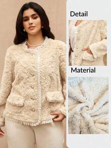 Roveilla Chaqueta de mujer de talla grande con cuello de piel de conejo sintética, perlas falsas y botón de perla de abotonadura sencilla - Albaricoque - Ver 11