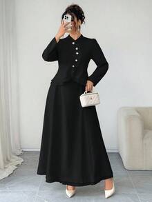 SHEIN Elenzya 大尺碼黑色冬季優雅正式晚裝兩件套，高領長袖不對稱金色鈕扣襯衫與傘擺荷葉邊裙 - 黑色 - 查看 5