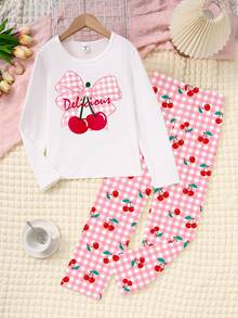 2 件套青少年女孩休闲樱桃蝴蝶结印花白色圆领上衣和宽松粉色格子樱桃图案针织面料柔软舒适家居服套装、长袖和裤子 - 白色 - 查看 7