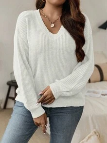SHEIN LUNE 大码女式休闲纯色落肩长袖V领套头毛衣 - 米色 - 查看 6