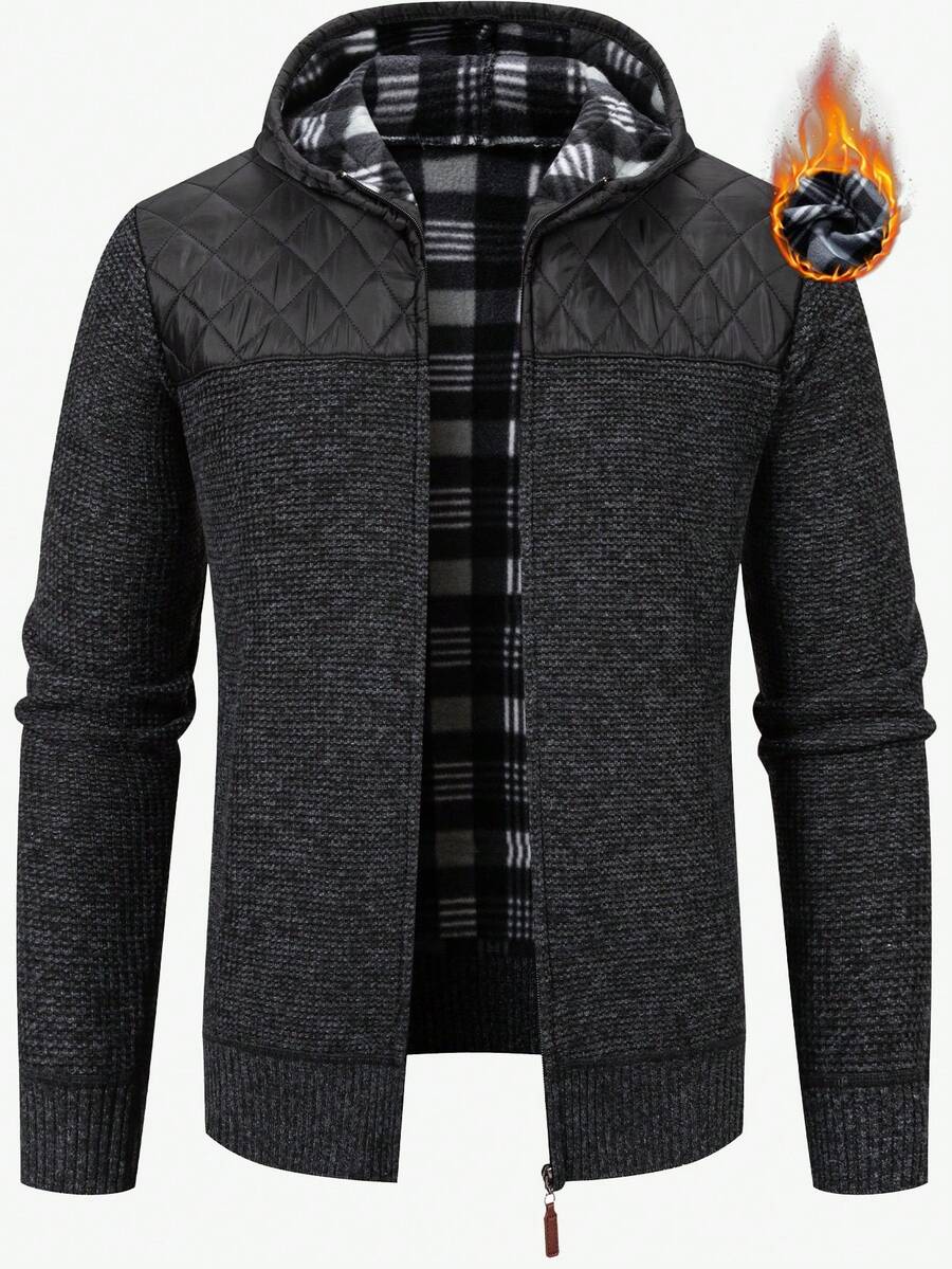 Manfinity Homme Men's Casual Everyday Commute Quilted Faux Leather Yoke Zip-Up Hooded Warm Cardigan, Autumn/Winter